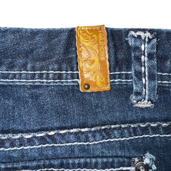 Maurice’s Women’s 11/12 Long Dark Flare Low-Rise Faded Blue Denim Jeans - Picture 5 of 12